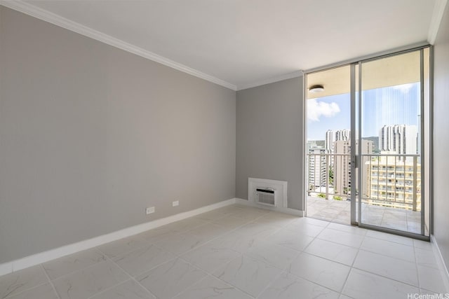 2452 Tusitala St Unit 1610, Honolulu, HI 96815 - empty room with a city view, baseboards, a wall of windows, light marble finish floors, and crown molding