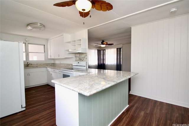 45-510 Pahia Rd, Kaneohe, HI 96744 - kitchen featuring white appliances, a ceiling fan, open shelves, a sink, and dark wood finished floors