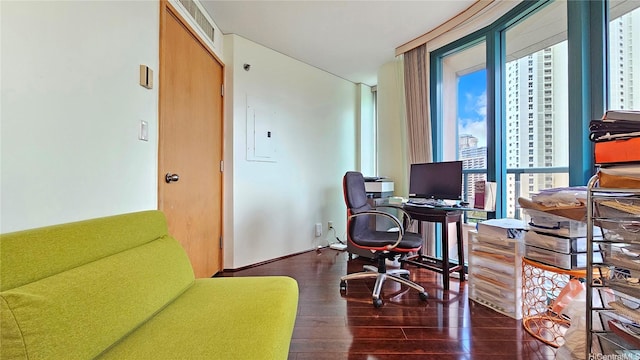 office featuring wood finished floors, plenty of natural light, and electric panel