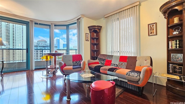living area with a view of city, hardwood / wood-style flooring, and floor to ceiling windows