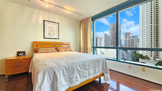 bedroom with rail lighting, dark wood finished floors, a view of city, and baseboards