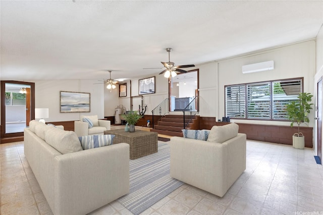 1328 Hele St, Kailua, HI 96734 - living room with a wall unit AC, stairs, plenty of natural light, and a ceiling fan