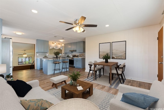 1328 Hele St, Kailua, HI 96734 - living room featuring a ceiling fan, light wood-style flooring, and recessed lighting