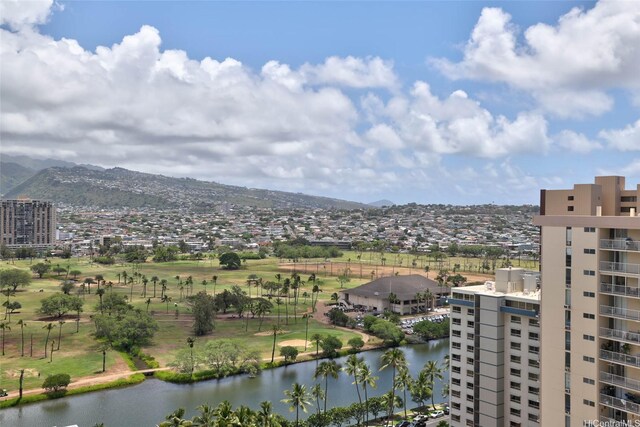 drone / aerial view of a water and mountain view