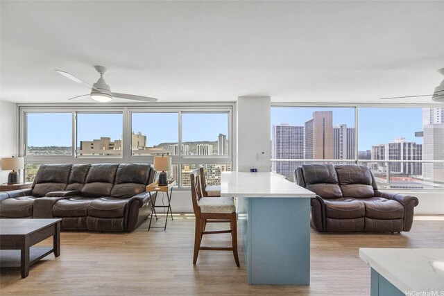 living area with a ceiling fan, light wood-style floors, and a view of city