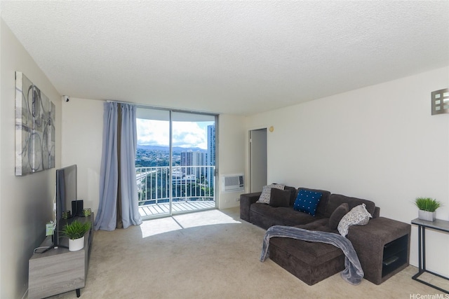 98-1038 Moanalua Rd Unit 1905, Aiea, HI 96701 - carpeted living room featuring a wall of windows, a textured ceiling, and a wall mounted AC