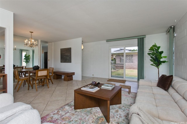 1548 Piikea St, Honolulu, HI 96818 - living room with a chandelier, light tile patterned floors, and concrete block wall