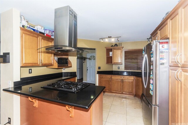 kitchen with stainless steel appliances, island range hood, a peninsula, open shelves, and dark countertops