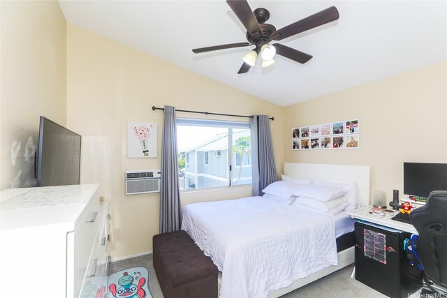 carpeted bedroom with lofted ceiling, ceiling fan, a wall mounted air conditioner, and baseboards