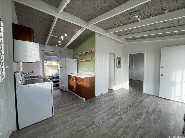 3622 Maunalei Ave, Honolulu, HI 96816 - kitchen with wooden ceiling, washer / clothes dryer, dark wood-style floors, freestanding refrigerator, and a sink