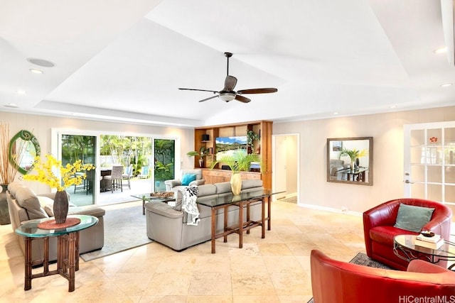 49 Pilipu Pl, Kailua, HI 96734 - living area with a tray ceiling, ceiling fan, baseboards, and recessed lighting