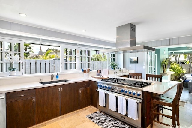 49 Pilipu Pl, Kailua, HI 96734 - kitchen featuring appliances with stainless steel finishes, a sink, island exhaust hood, and dark brown cabinetry