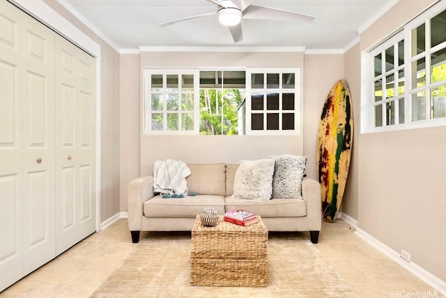 49 Pilipu Pl, Kailua, HI 96734 - living room featuring ceiling fan, ornamental molding, baseboards, and light tile patterned floors