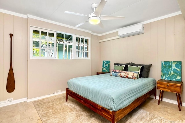 49 Pilipu Pl, Kailua, HI 96734 - bedroom featuring an AC wall unit, ornamental molding, ceiling fan, and baseboards