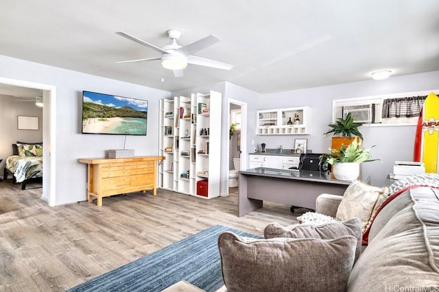 49 Pilipu Pl, Kailua, HI 96734 - living room with a ceiling fan, wood finished floors, and an AC wall unit