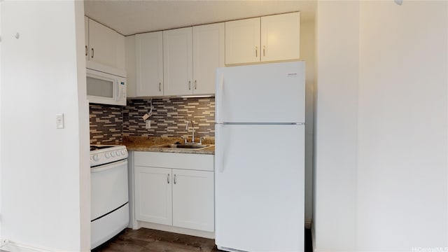 2888 Ala Ilima St Unit 512, Honolulu, HI 96818 - kitchen with white appliances, a sink, decorative backsplash, white cabinets, and dark wood-style flooring