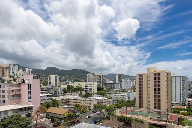 city view with a mountainous background