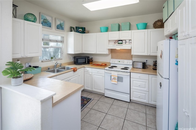 91-1121 Keoneula Blvd Unit L2, Ewa Beach, HI 96706 - kitchen featuring white appliances, under cabinet range hood, a sink, white cabinetry, and a peninsula