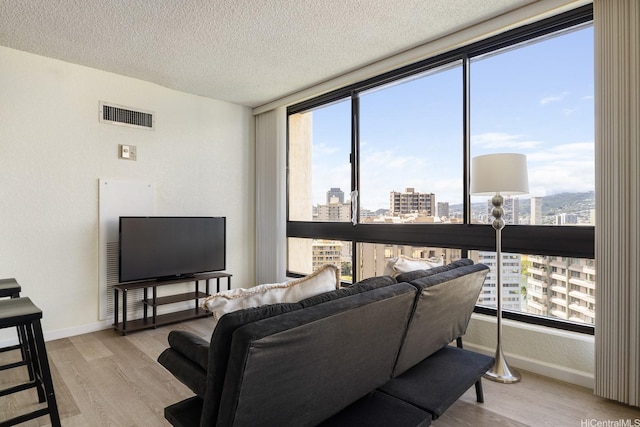 300 Wai Nani Way Unit 1902, Honolulu, HI 96815 - living room featuring baseboards, wood finished floors, and a textured ceiling