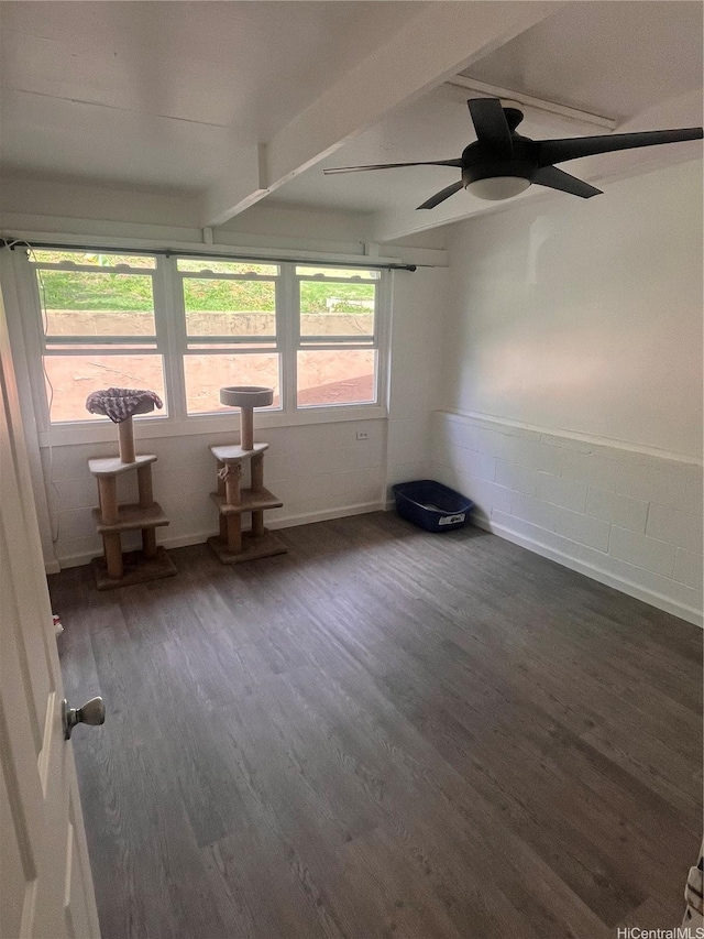 45-342 Lehuuila St, Kaneohe, HI 96744 - unfurnished room with wood finished floors, beam ceiling, ceiling fan, and concrete block wall
