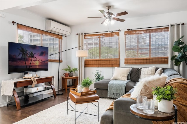 1506 Frear St Unit A, Honolulu, HI 96813 - living area with a wall mounted air conditioner, healthy amount of natural light, a ceiling fan, and wood finished floors