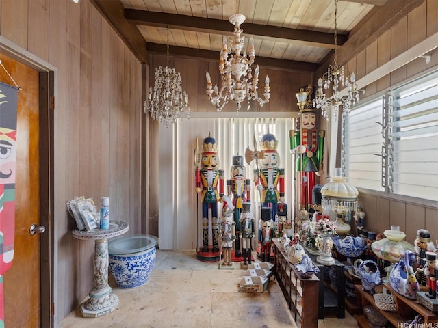 miscellaneous room featuring a chandelier, wooden walls, beamed ceiling, and wood ceiling