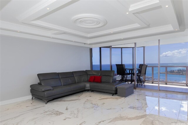 415 S St Unit 2902, Honolulu, HI 96813 - living room featuring a tray ceiling, a water view, expansive windows, marble tiled flooring, and baseboards