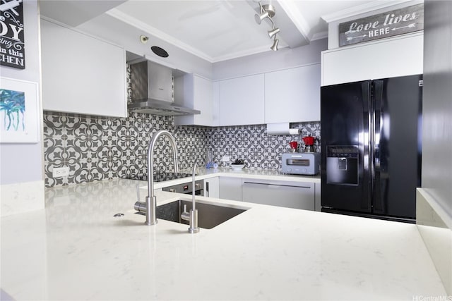 415 S St Unit 2902, Honolulu, HI 96813 - kitchen with wall chimney exhaust hood, black fridge with ice dispenser, dishwasher, crown molding, and white cabinetry