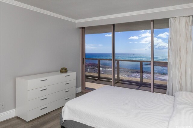415 S St Unit 2902, Honolulu, HI 96813 - bedroom with view of water and beach, dark wood-style floors, ornamental molding, baseboards, and access to exterior