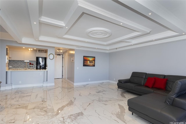 415 S St Unit 2902, Honolulu, HI 96813 - living area featuring a raised ceiling, crown molding, light marble finish floors, and baseboards