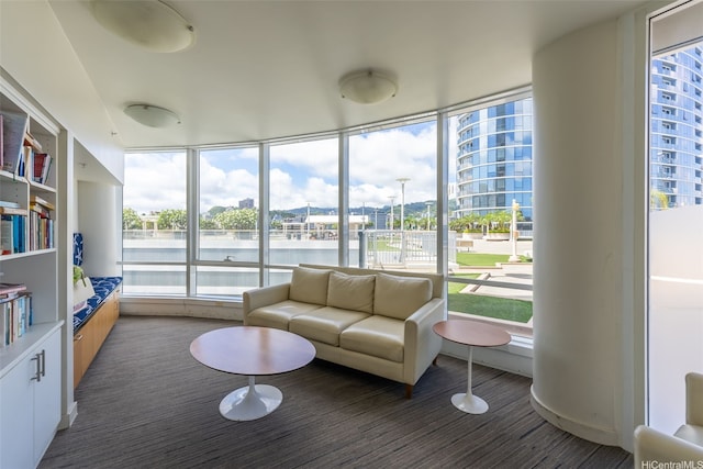 living area featuring a water view
