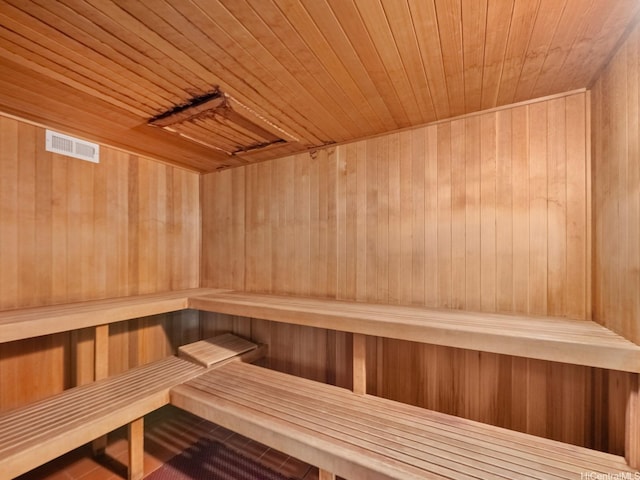 relaxing sauna with wood ceiling and wooden walls