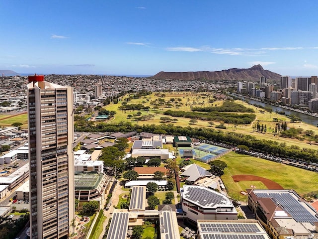 aerial view of a water and mountain view