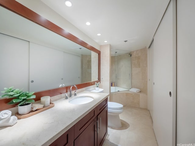 bathroom featuring tiled shower / bath combo, toilet, recessed lighting, vanity, and tile patterned floors