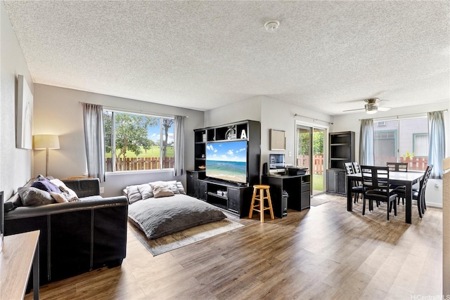 95-1049 Kuauli St Unit 49, Mililani, HI 96789 - living room featuring wood finished floors, a textured ceiling, and a ceiling fan