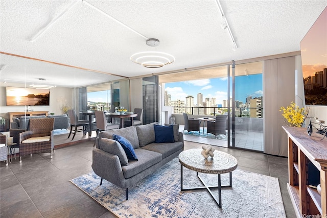 581 Kamoku St Unit 2408, Honolulu, HI 96826 - living room featuring a textured ceiling and a view of skyline