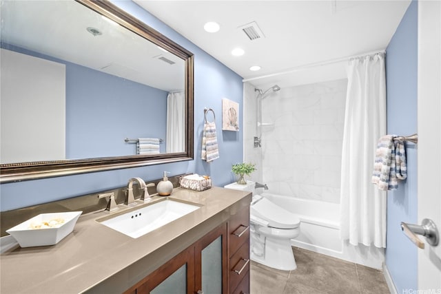 581 Kamoku St Unit 2408, Honolulu, HI 96826 - full bathroom featuring vanity, shower / tub combo with curtain, recessed lighting, and tile patterned floors