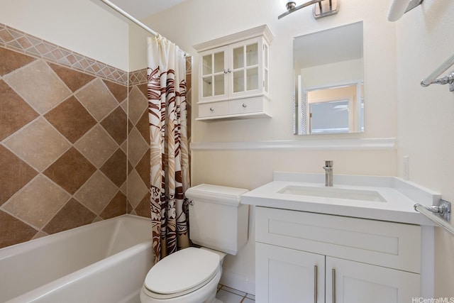 full bath with toilet, vanity, and shower / bathtub combination with curtain