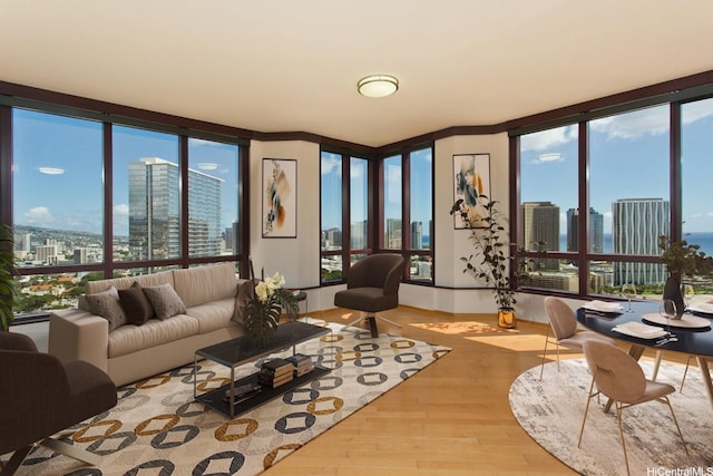 725 Kapiolani Blvd Unit 2901, Honolulu, HI 96813 - living room featuring a skyline view, wood finished floors, and healthy amount of natural light