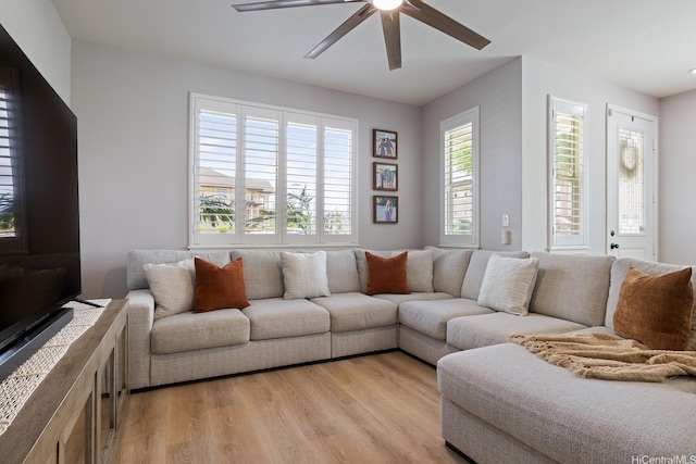 living area with a ceiling fan and light wood finished floors