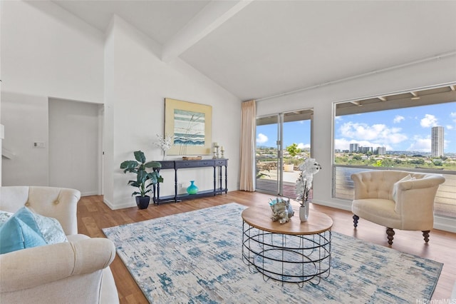 98-533 Kipaepae St Unit 104, Aiea, HI 96701 - living room with high vaulted ceiling, beam ceiling, wood finished floors, baseboards, and a city view