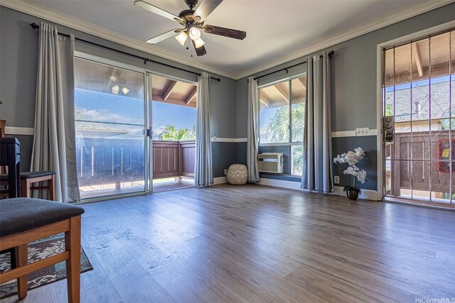 91-1180 Mikohu St Unit 41U, Ewa Beach, HI 96706 - empty room with ornamental molding, ceiling fan, wood finished floors, and baseboards