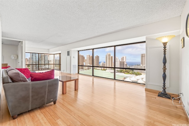 living area with a textured ceiling, a skyline view, and light wood-type flooring