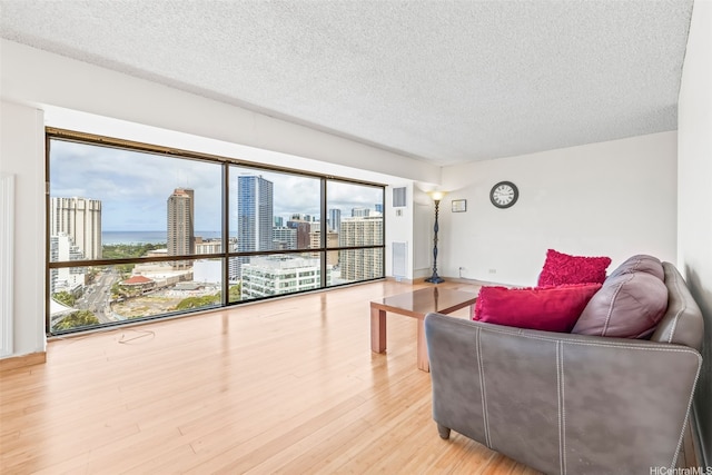 living area featuring plenty of natural light, a textured ceiling, a city view, and light wood-style flooring