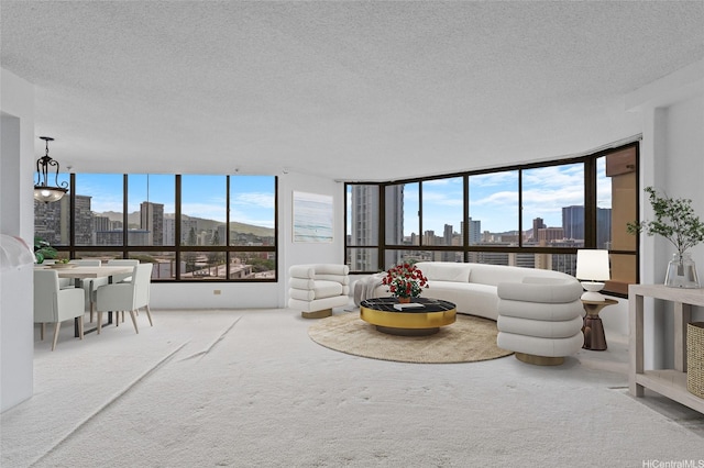 1040 Lunalilo St Unit 706, Honolulu, HI 96822 - living room featuring a skyline view, a textured ceiling, carpet flooring, and plenty of natural light