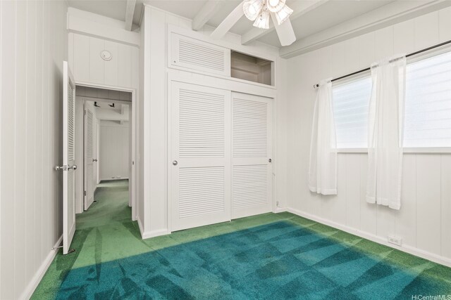 622 Pamaele St, Kailua, HI 96734 - unfurnished bedroom with carpet flooring, beamed ceiling, a closet, and ceiling fan