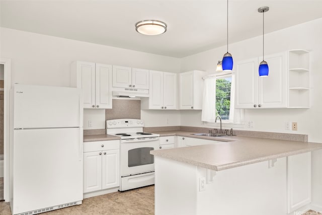 622 Pamaele St, Kailua, HI 96734 - kitchen with white appliances, a sink, under cabinet range hood, a peninsula, and white cabinets