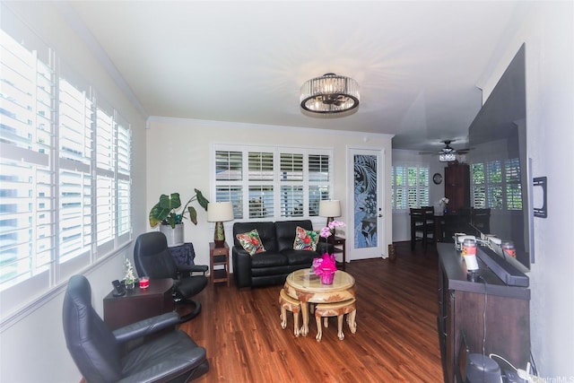 91-1173 Pekau St, Ewa Beach, HI 96706 - living room with wood finished floors, a chandelier, ornamental molding, and ceiling fan