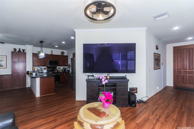 91-1173 Pekau St, Ewa Beach, HI 96706 - living area featuring dark wood-style floors, recessed lighting, and crown molding
