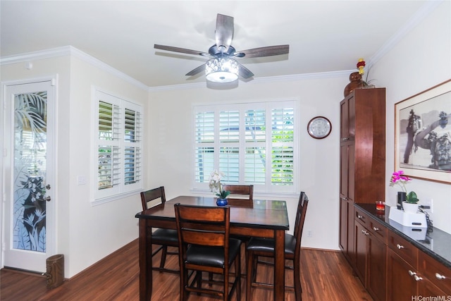 91-1173 Pekau St, Ewa Beach, HI 96706 - dining space featuring dark wood finished floors, ceiling fan, and crown molding